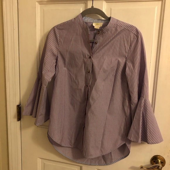 Maeve Stripe Fluted Bell Sleeve Button Down Blouse - Picture 2 of 7